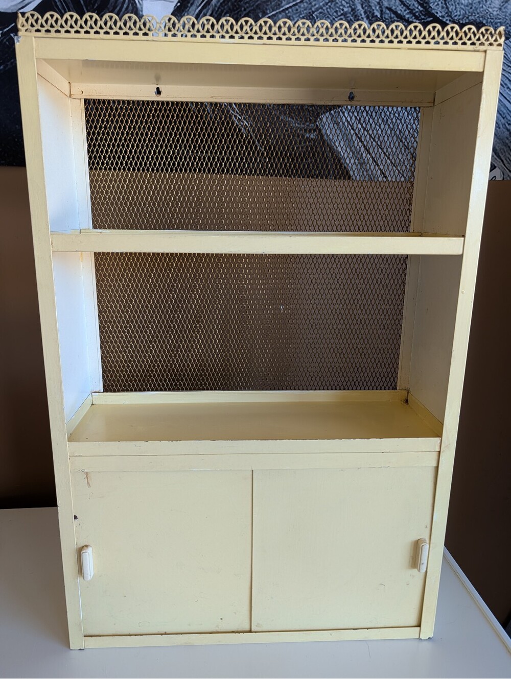 Vintage Yellow Metal Shelf Storage Cabinet with Mesh Back and Doors
